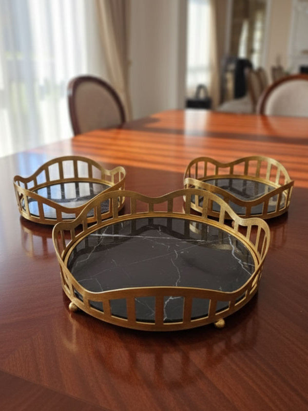 3pcs Royal Lattice Gold Mirrored Vanity/Serving Tray | Dual Base (Mirror/Marble) - Armix Store