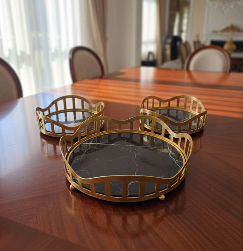 3pcs Royal Lattice Gold Mirrored Vanity/Serving Tray | Dual Base (Mirror/Marble) - Armix Store