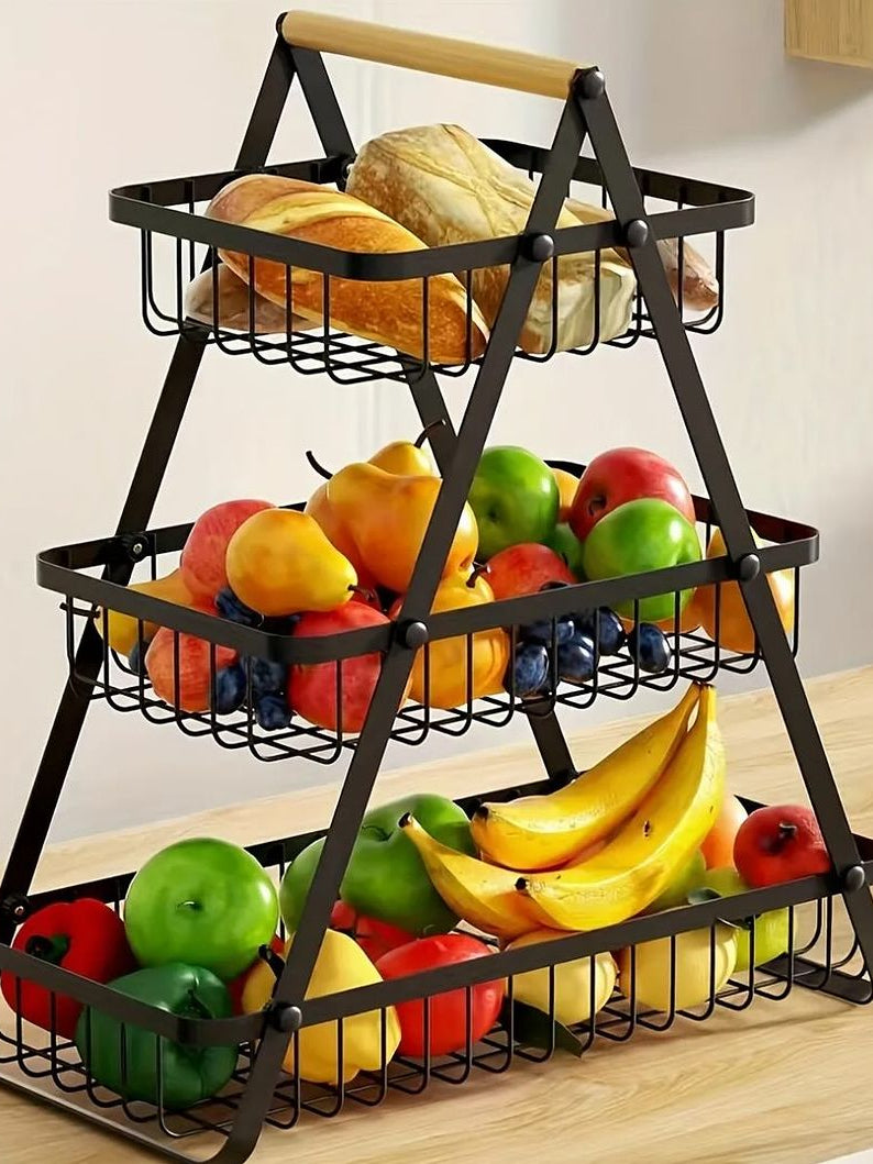 Wooden Handled 3 Tier Fruit & Vegetables Basket - Armix Store