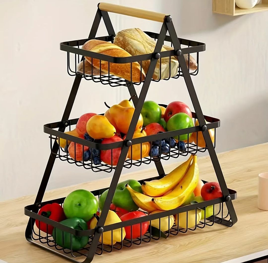 Wooden Handled 3 Tier Fruit & Vegetables Basket - Armix Store