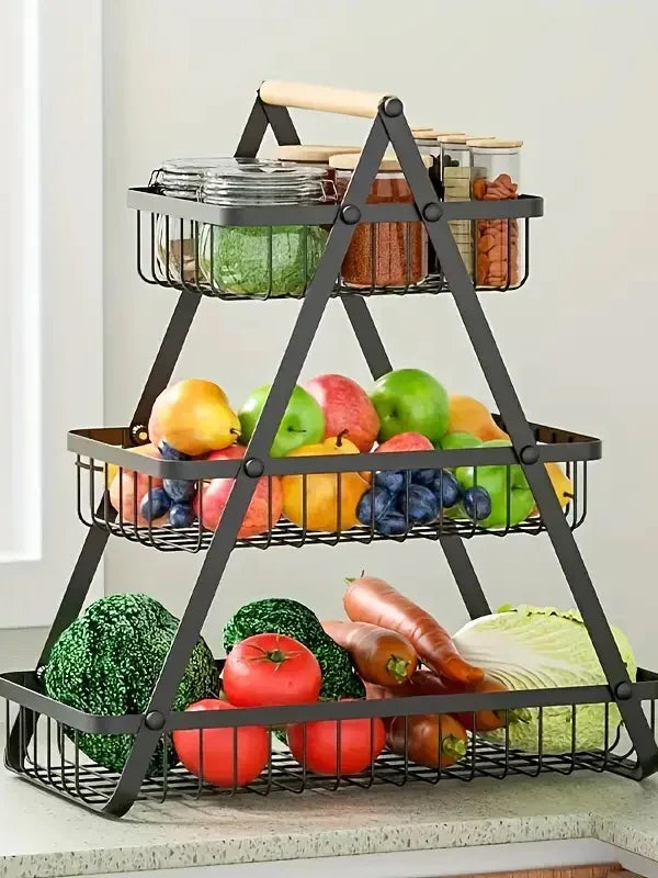 Wooden Handled 3 Tier Fruit & Vegetables Basket - Armix Store