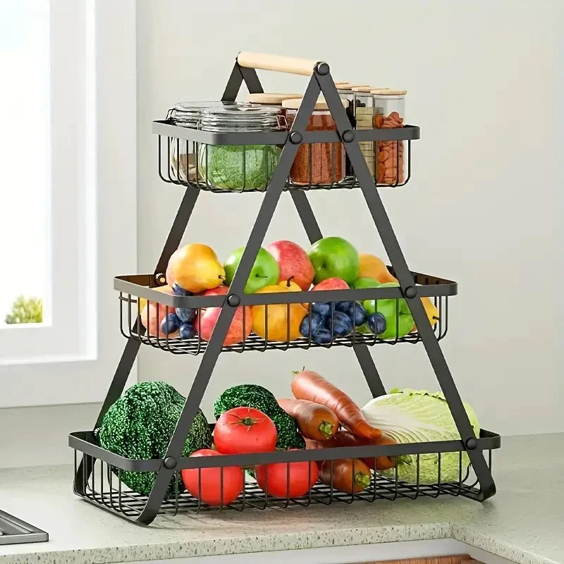 Wooden Handled 3 Tier Fruit & Vegetables Basket - Armix Store