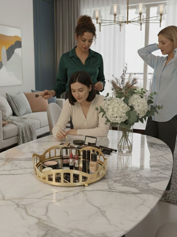 3pcs Royal Lattice Gold Mirrored Vanity/Serving Tray | Dual Base (Mirror/Marble) - Armix Store