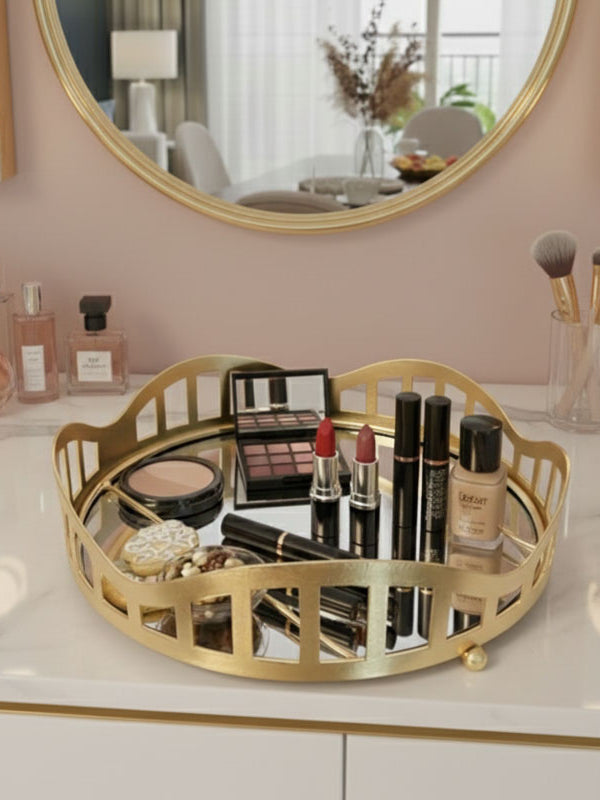 3pcs Royal Lattice Gold Mirrored Vanity/Serving Tray | Dual Base (Mirror/Marble) - Armix Store