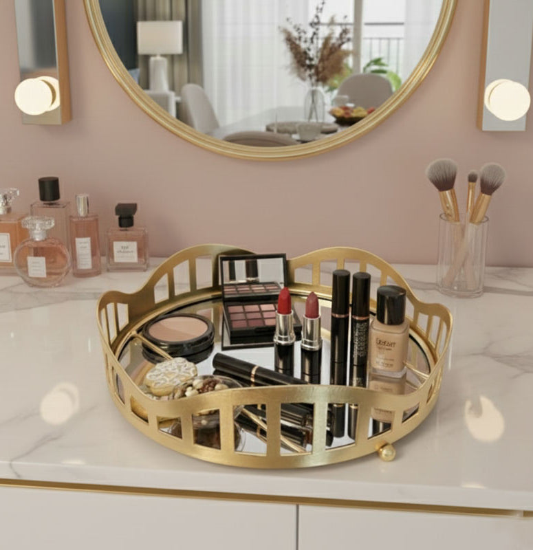 3pcs Royal Lattice Gold Mirrored Vanity/Serving Tray | Dual Base (Mirror/Marble) - Armix Store