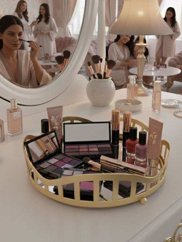 3pcs Royal Lattice Gold Mirrored Vanity/Serving Tray | Dual Base (Mirror/Marble) - Armix Store