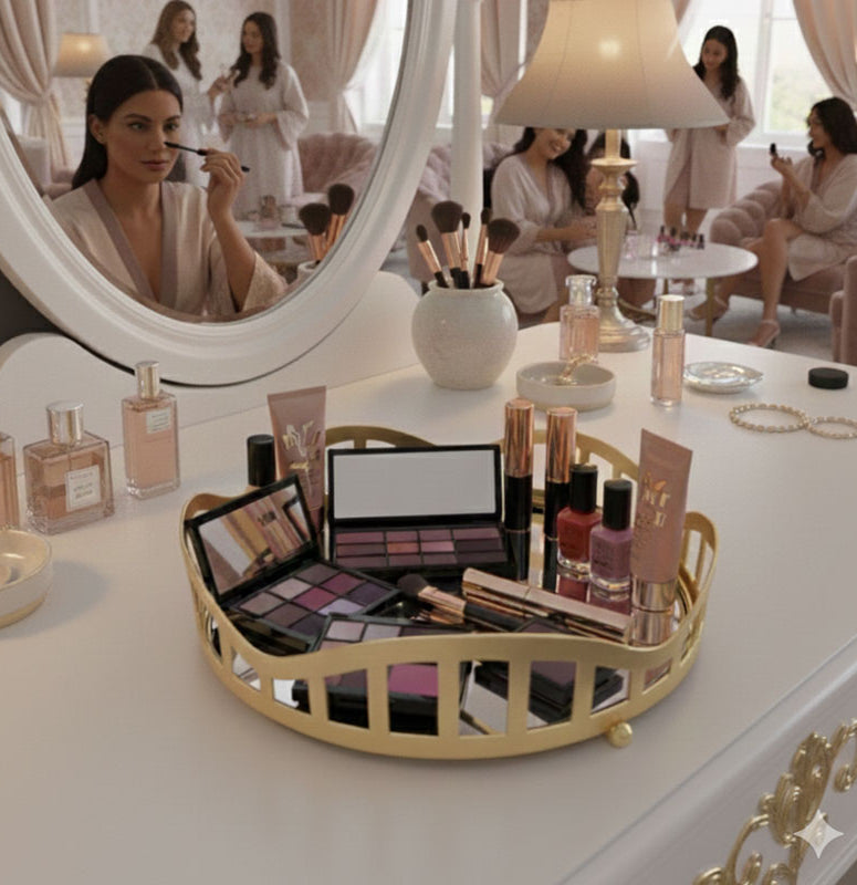 3pcs Royal Lattice Gold Mirrored Vanity/Serving Tray | Dual Base (Mirror/Marble) - Armix Store