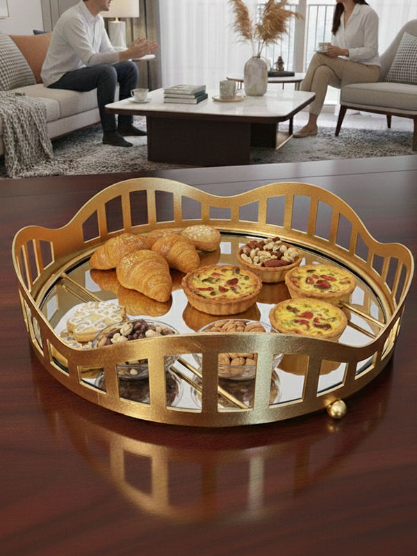 3pcs Royal Lattice Gold Mirrored Vanity/Serving Tray | Dual Base (Mirror/Marble) - Armix Store