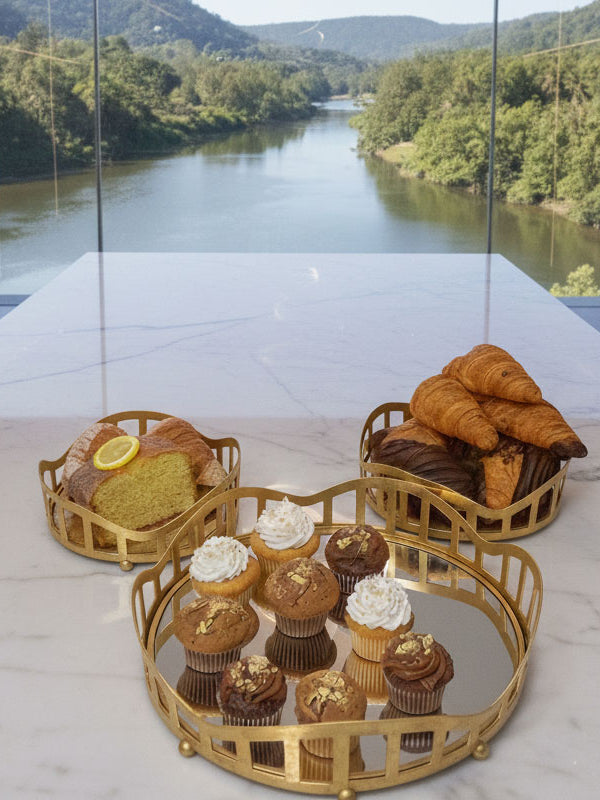 3pcs Royal Lattice Gold Mirrored Vanity/Serving Tray | Dual Base (Mirror/Marble) - Armix Store