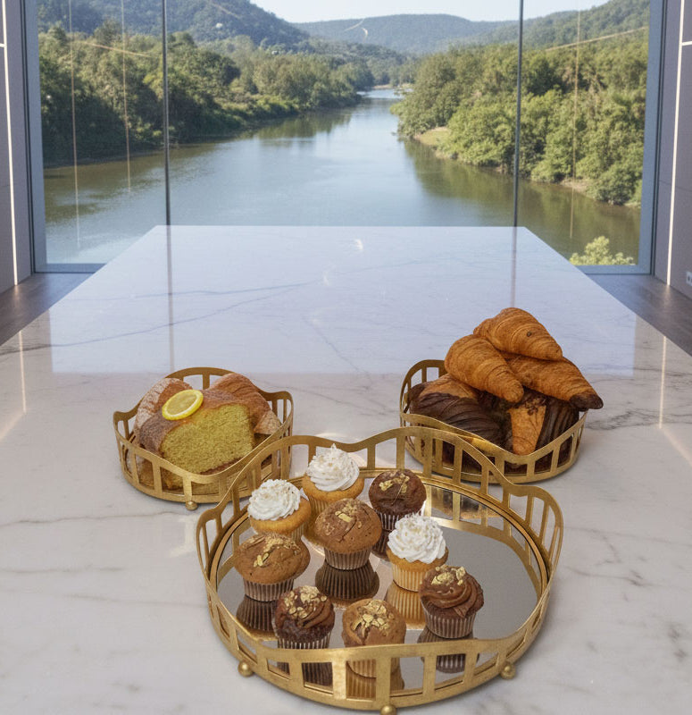 3pcs Royal Lattice Gold Mirrored Vanity/Serving Tray | Dual Base (Mirror/Marble) - Armix Store