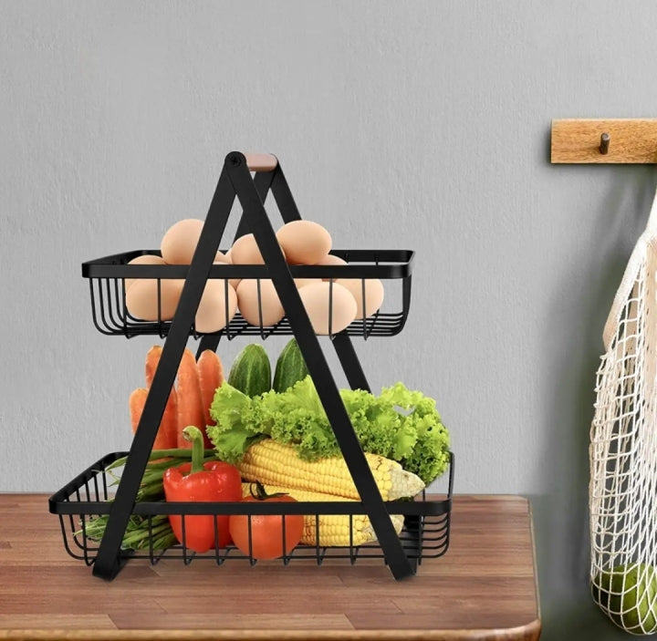 Wooden Handled 2 Tier Fruit & Vegetables Basket - Armix Store