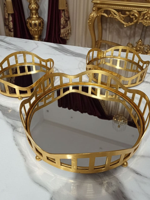 3pcs Royal Lattice Gold Mirrored Vanity/Serving Tray | Dual Base (Mirror/Marble) - Armix Store
