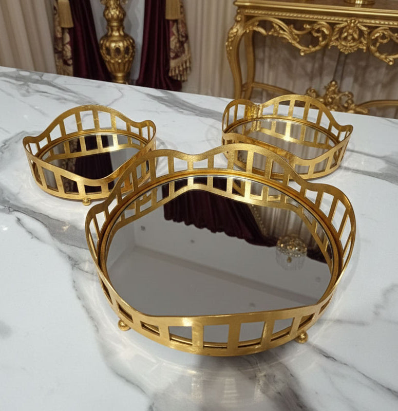 3pcs Royal Lattice Gold Mirrored Vanity/Serving Tray | Dual Base (Mirror/Marble) - Armix Store