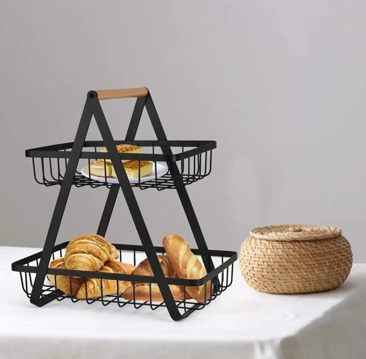 Wooden Handled 2 Tier Fruit & Vegetables Basket - Armix Store