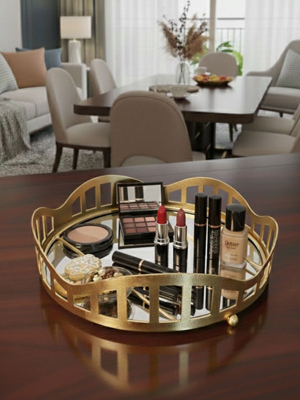 3pcs Royal Lattice Gold Mirrored Vanity/Serving Tray | Dual Base (Mirror/Marble) - Armix Store