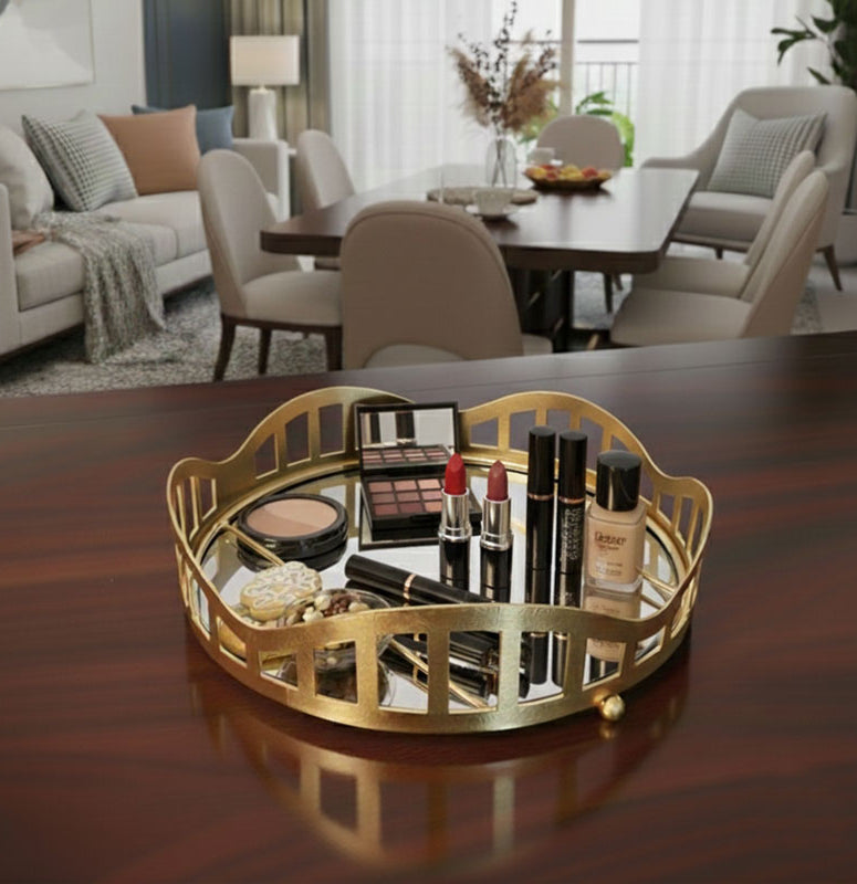 3pcs Royal Lattice Gold Mirrored Vanity/Serving Tray | Dual Base (Mirror/Marble) - Armix Store