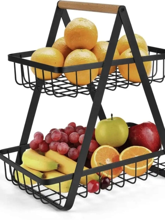 Wooden Handled 2 Tier Fruit & Vegetables Basket - Armix Store