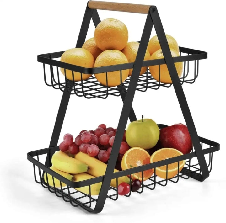 Wooden Handled 2 Tier Fruit & Vegetables Basket - Armix Store