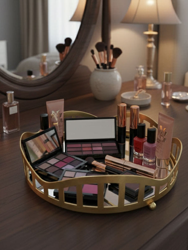 3pcs Royal Lattice Gold Mirrored Vanity/Serving Tray | Dual Base (Mirror/Marble) - Armix Store