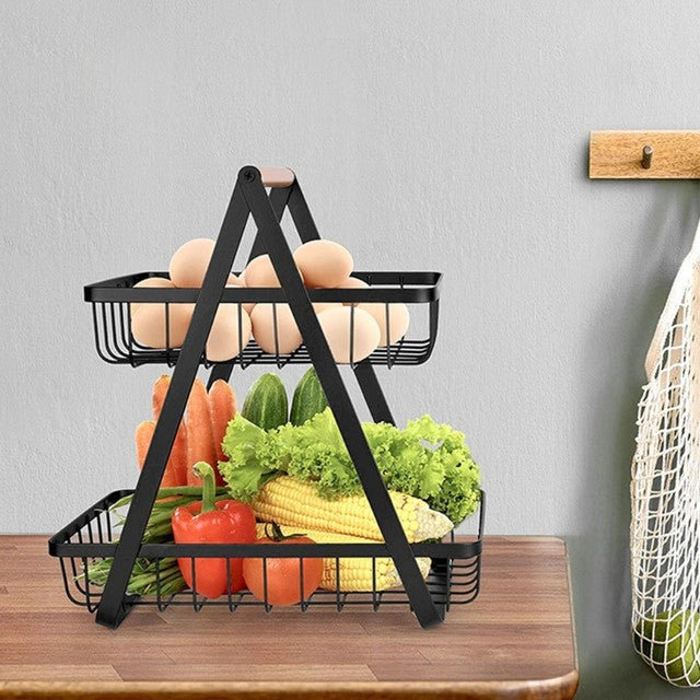 Wooden Handled 2 Tier Fruit & Vegetables Basket - Armix Store