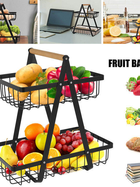 Wooden Handled 2 Tier Fruit & Vegetables Basket - Armix Store