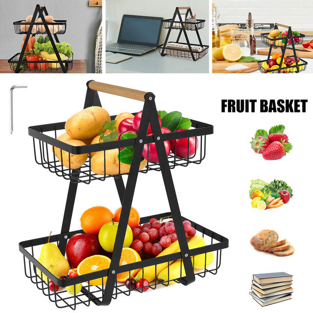 Wooden Handled 2 Tier Fruit & Vegetables Basket - Armix Store