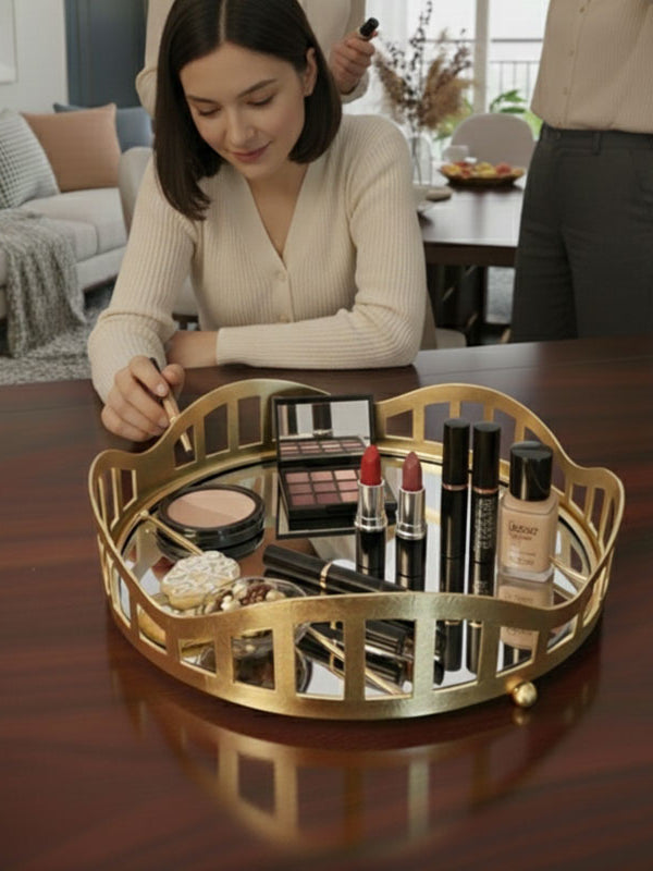 3pcs Royal Lattice Gold Mirrored Vanity/Serving Tray | Dual Base (Mirror/Marble) - Armix Store