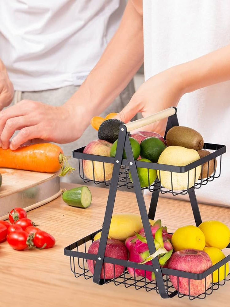 Wooden Handled 2 Tier Fruit & Vegetables Basket - Armix Store