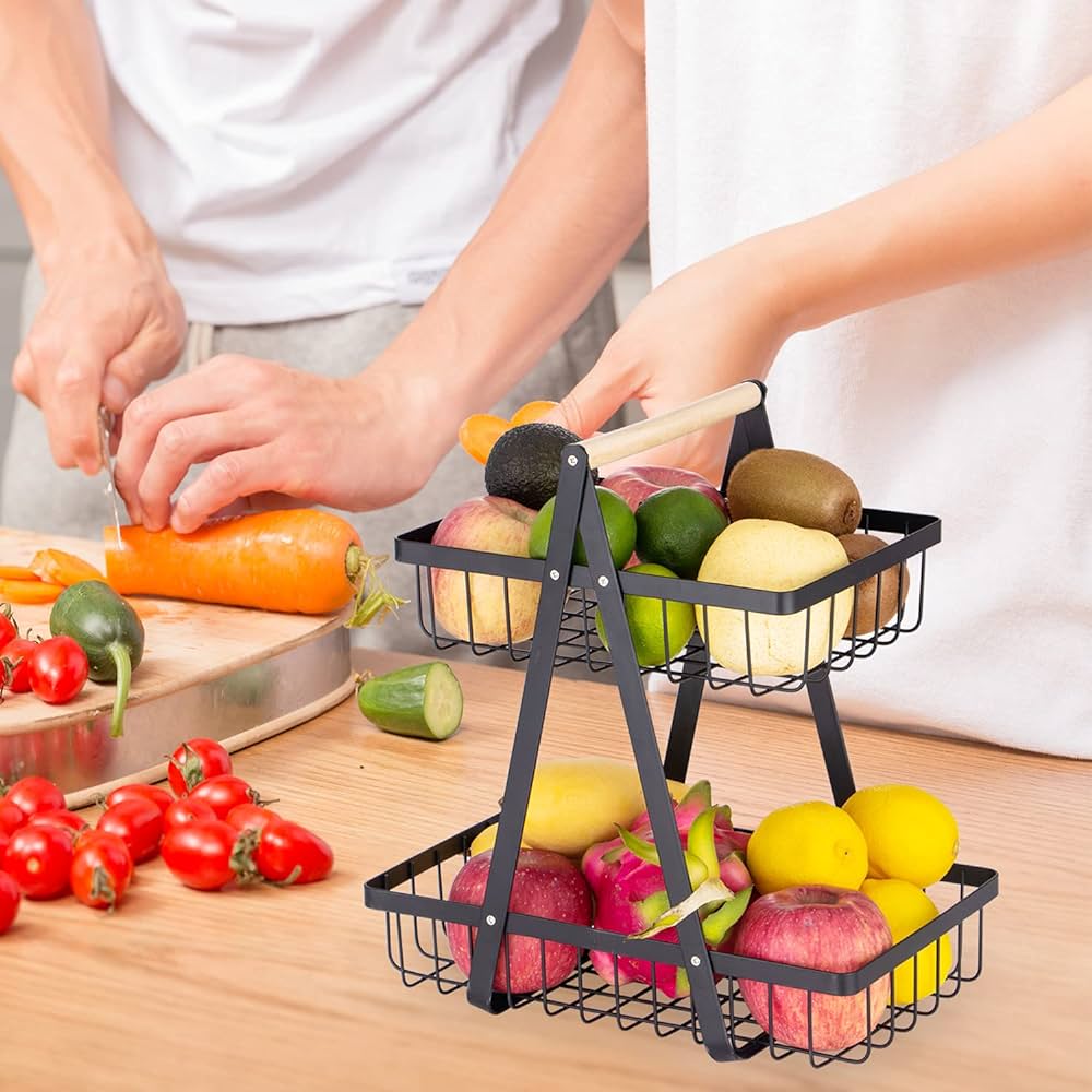 Wooden Handled 2 Tier Fruit & Vegetables Basket - Armix Store