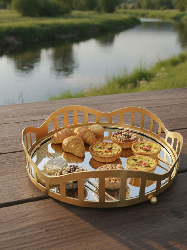 3pcs Royal Lattice Gold Mirrored Vanity/Serving Tray | Dual Base (Mirror/Marble) - Armix Store