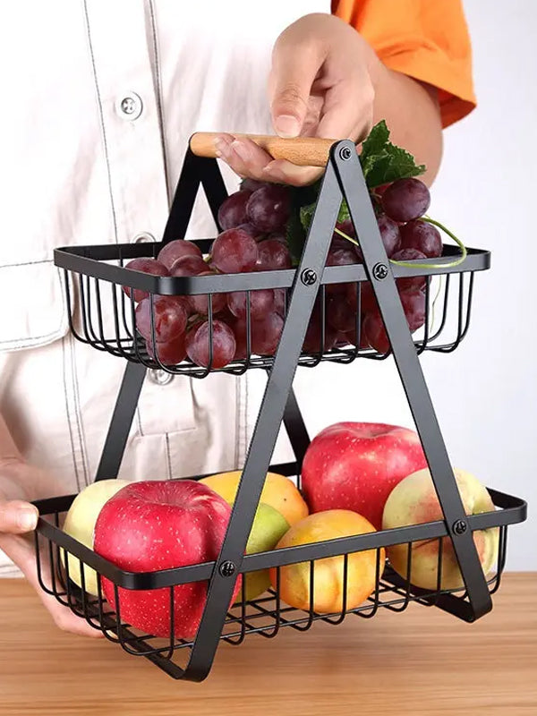 Wooden Handled 2 Tier Fruit & Vegetables Basket - Armix Store