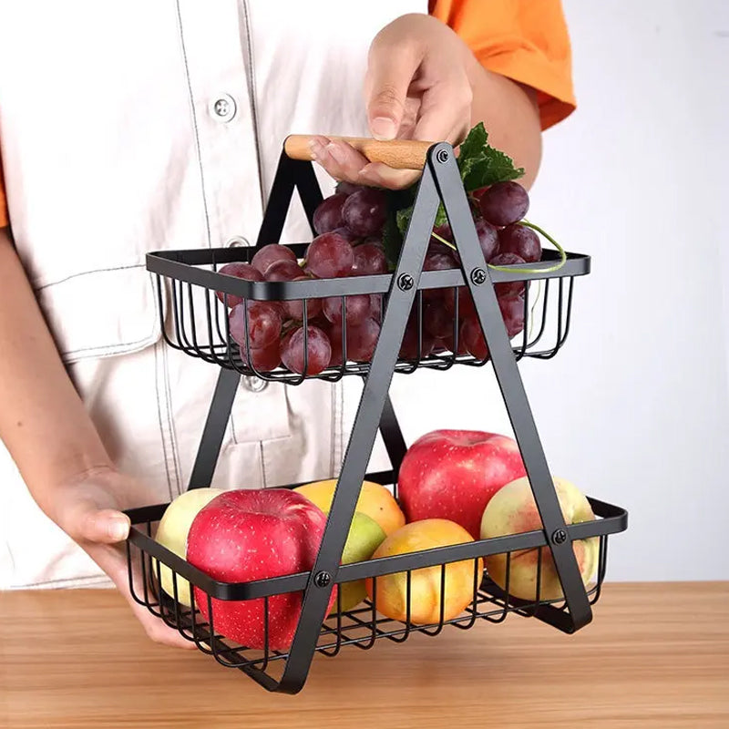 Wooden Handled 2 Tier Fruit & Vegetables Basket - Armix Store