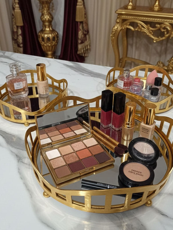 3pcs Royal Lattice Gold Mirrored Vanity/Serving Tray | Dual Base (Mirror/Marble) - Armix Store