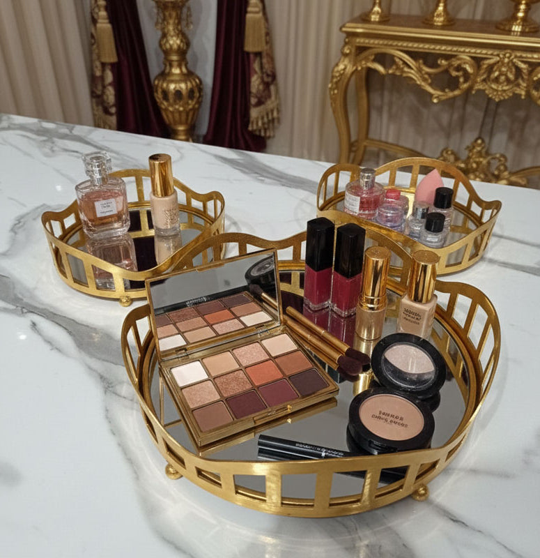 3pcs Royal Lattice Gold Mirrored Vanity/Serving Tray | Dual Base (Mirror/Marble) - Armix Store
