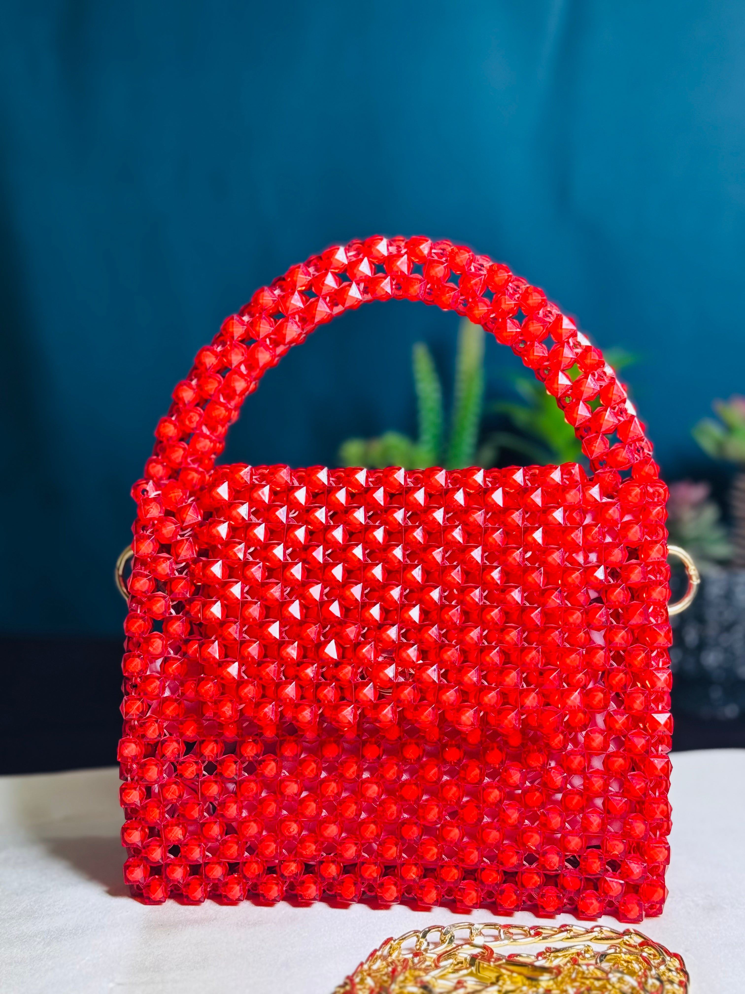 RED CORAL SQUARE SHAPE PLASTIC STONE HANDMADE BAG - Armix Store