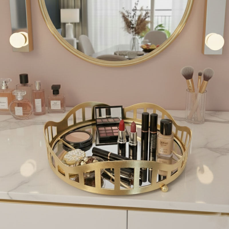 3pcs Royal Lattice Gold Mirrored Vanity/Serving Tray  | Dual Base (Mirror/Marble) - Armix Store 