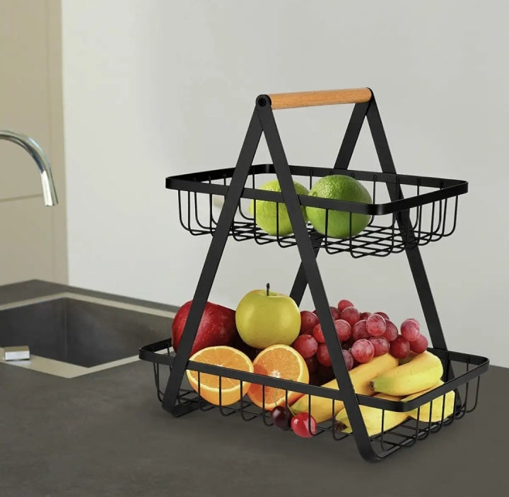 Wooden Handled 2 Tier Fruit & Vegetables Basket - Armix Store 