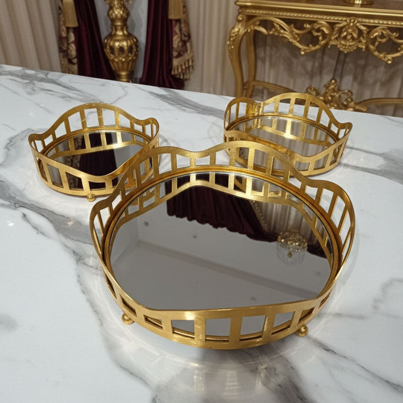 3pcs Royal Lattice Gold Mirrored Vanity/Serving Tray  | Dual Base (Mirror/Marble) - Armix Store 