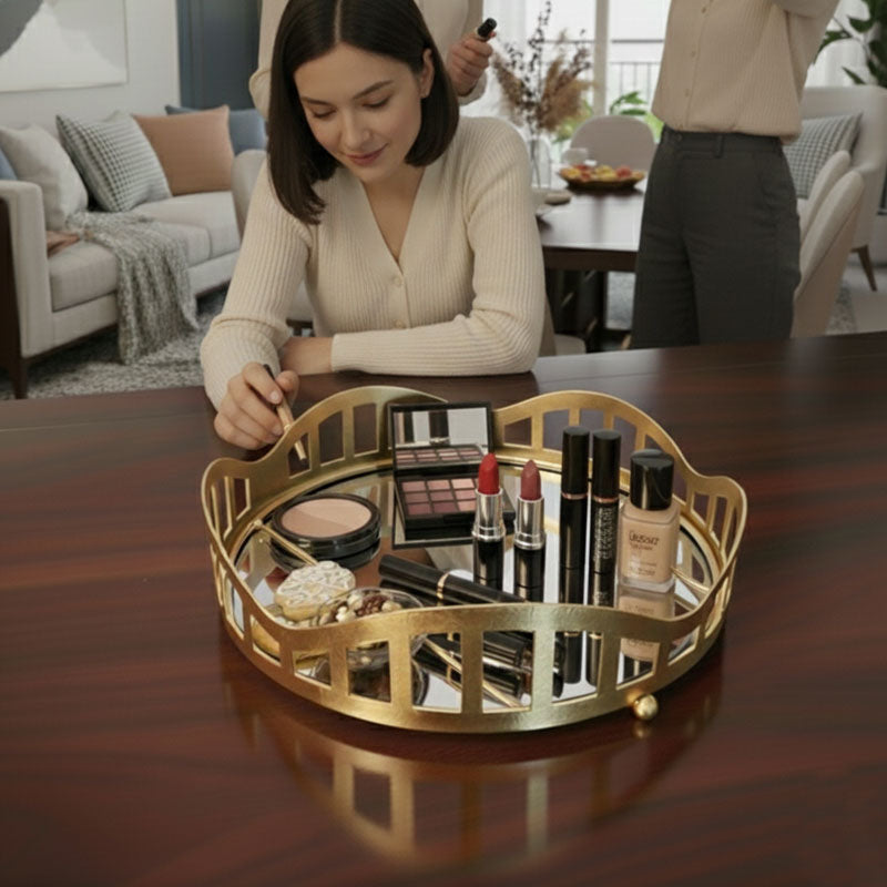 3pcs Royal Lattice Gold Mirrored Vanity/Serving Tray  | Dual Base (Mirror/Marble) - Armix Store 