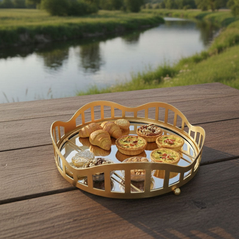 3pcs Royal Lattice Gold Mirrored Vanity/Serving Tray  | Dual Base (Mirror/Marble) - Armix Store 