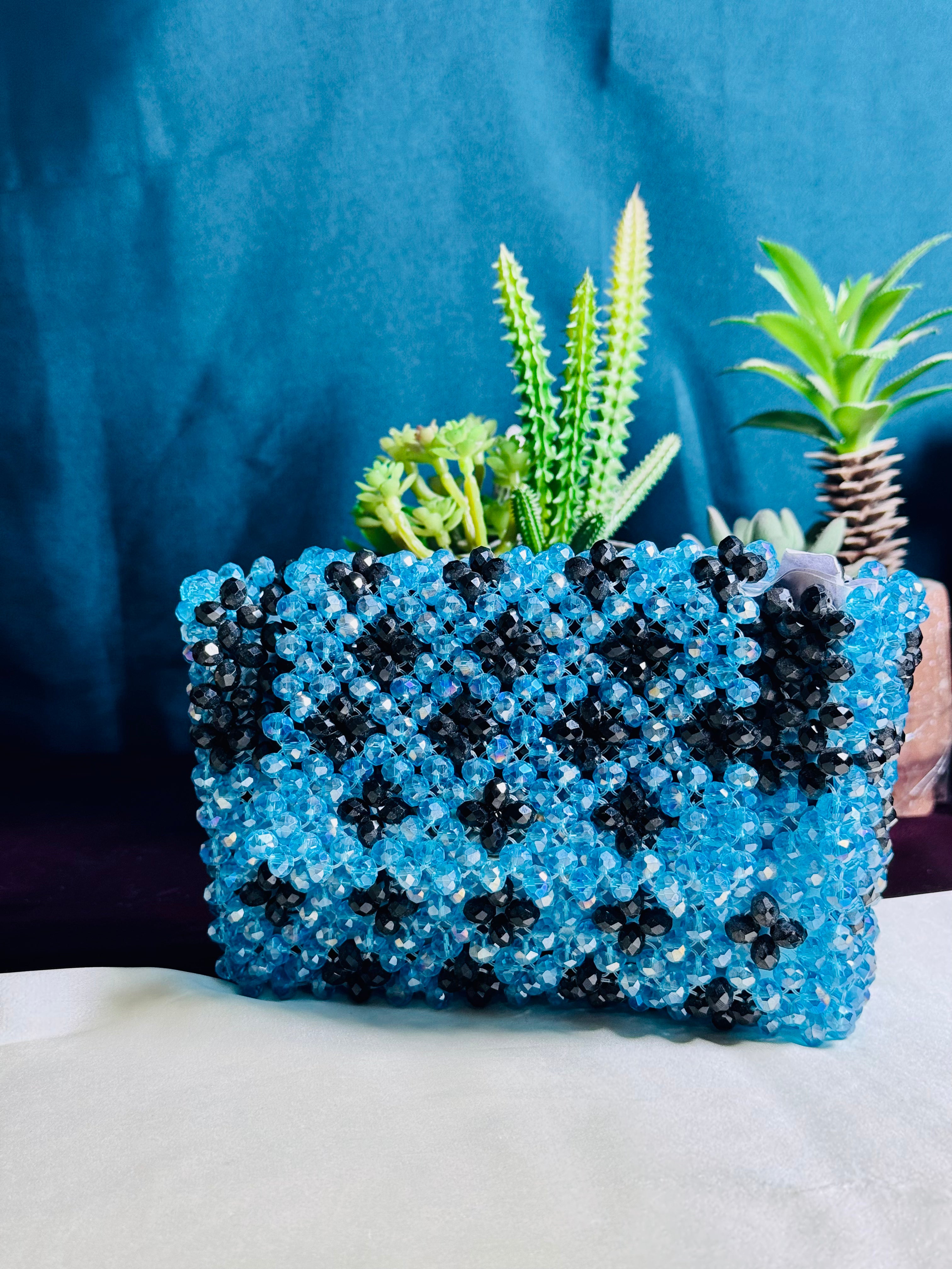 SKY BLUE AND BLACK CRYSTAL STONE HANDMADE BAG - Armix Store 