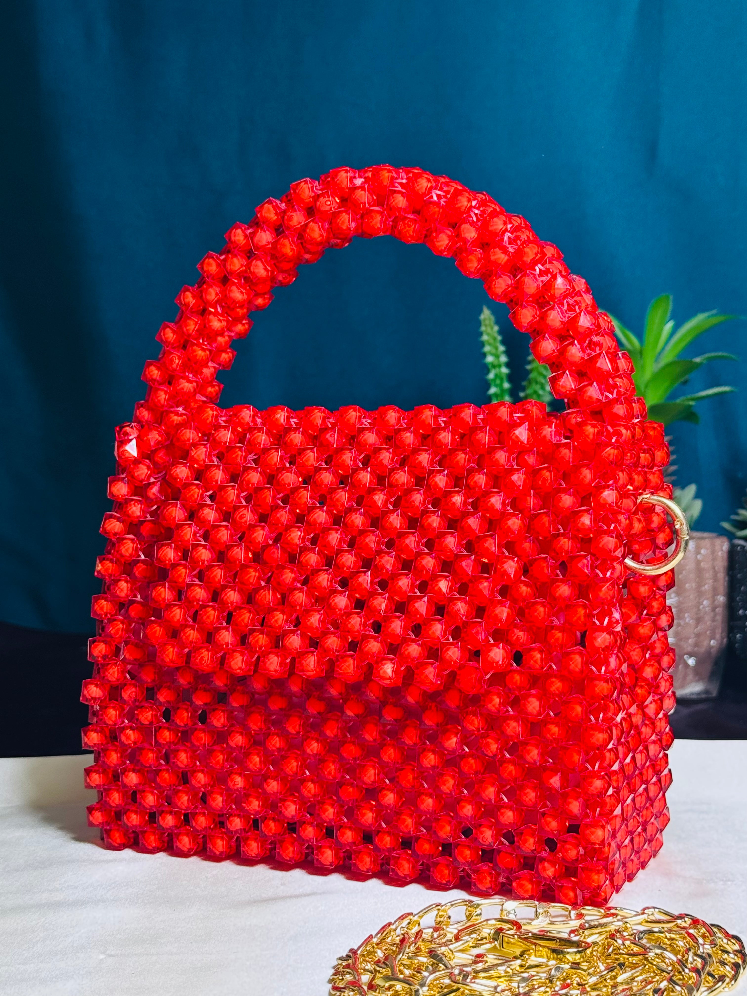 RED CORAL SQUARE SHAPE PLASTIC STONE HANDMADE BAG - Armix Store 